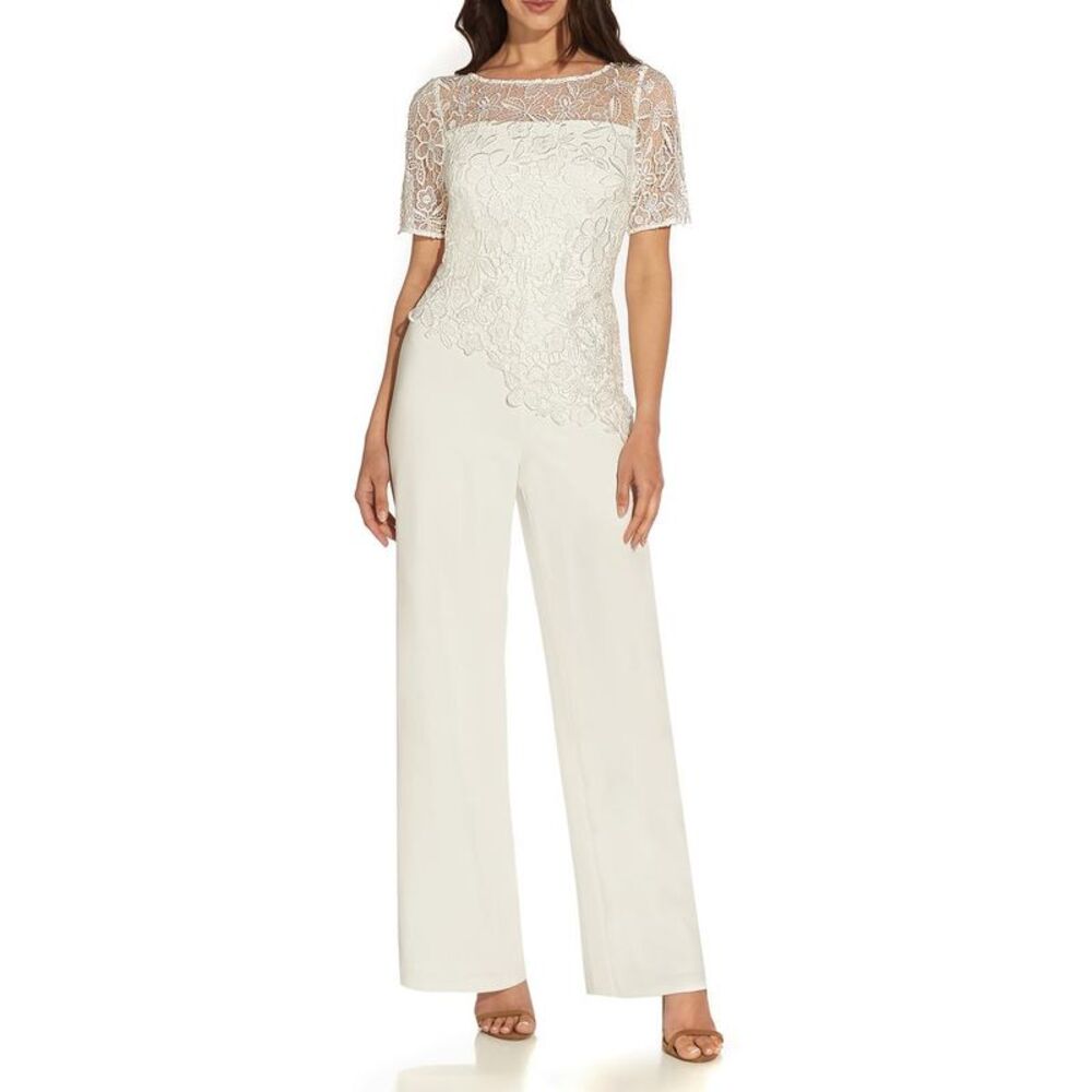 Adrianna Papell Womens Ivory Lace Crepe Formal Jumpsuit Petites Imperfections